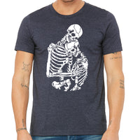 Hugging Skeletons T Shirt- Men's Gothic Skeleton Couple Tee- Valentines Lovers Design