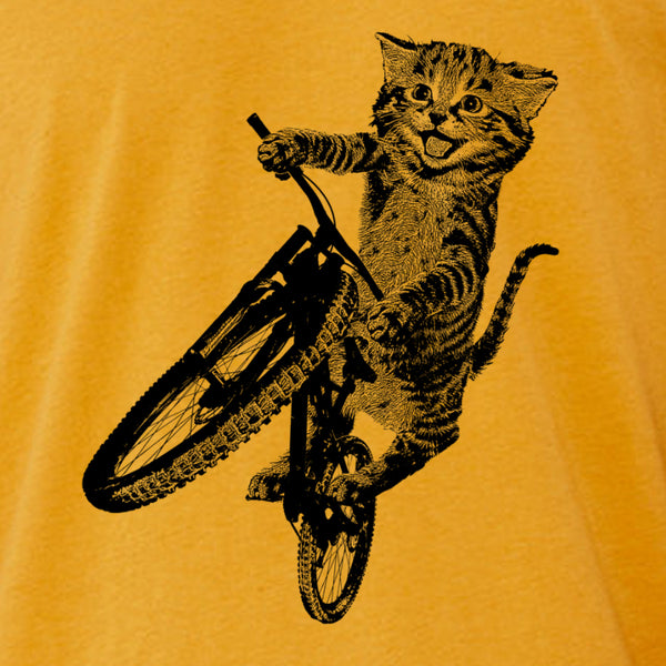 Cat Riding a Bicycle men's Tshirt- Kitten Wheelie Tee shirt- Eco Friendly Fashion- Guy's Graphic Apparel