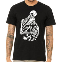 Hugging Skeletons T Shirt- Men's Gothic Skeleton Couple Tee- Valentines Lovers Design