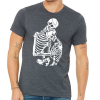 Hugging Skeletons T Shirt- Men's Gothic Skeleton Couple Tee- Valentines Lovers Design