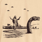 Jesus Christ Riding The Loch Ness Monster Men's Tshirt | Guys Funny Dinosaur Tee | Humorous Religious Tee with Jesus and Nessie