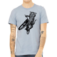 Cat Riding a Bicycle men's Tshirt- Kitten Wheelie Tee shirt- Eco Friendly Fashion- Guy's Graphic Apparel